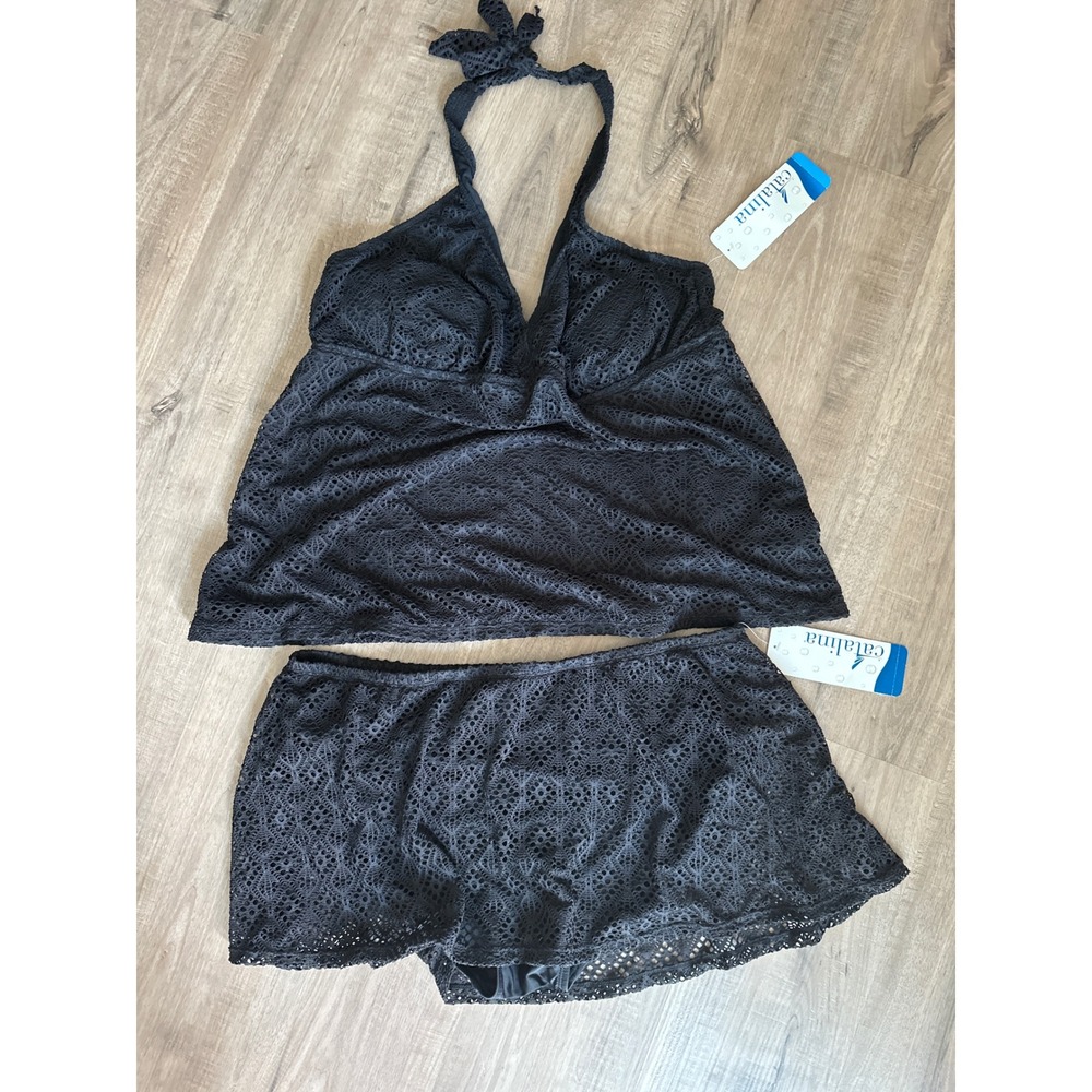 Catalina Womens Black Crochet Halter Tankini Top 3X and Skirt Bottom 2X Set NWT